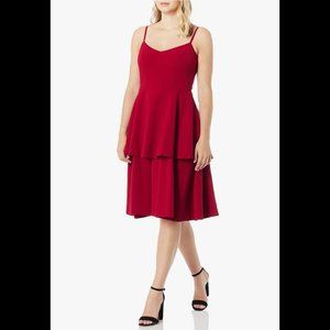 Dress the Population Red Yasmin Solid Sleeveless Peplum Tiered Fit & Flare XS